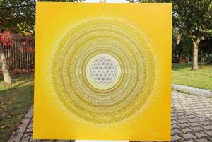 ... ZLATÁ MANDALA SLUNCE - RODINA ... - original, plátno 100x100cm, akryl s křišťály