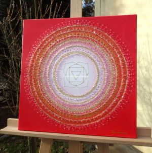 ... MANDALA - 1. ČAKRA ... - original, plátno 40x40cm, akryl s křišťály