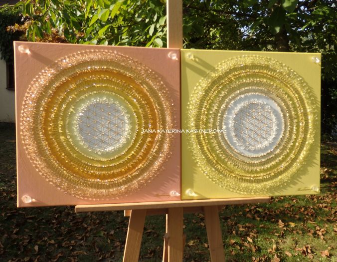 OBRAZY NA PŘÁNÍ: SLUNEČNÍ MANDALA + MANDALA - JEMNOST NĚHA - 2x plátno 40x40cm