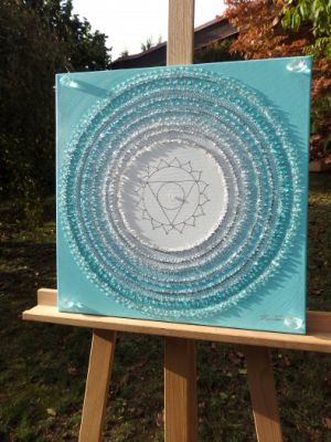 OBRAZ NA PŘÁNÍ - ... MANDALA - 5. ČAKRA ... - original, akryl s křišťály, plátno 40x40cm