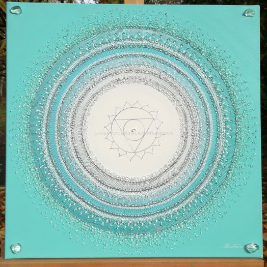 OBRÁZEK NA PŘÁNÍ ... MANDALA - 5. ČAKRA ... - original, plátno 50x50cm, akryl s křišťály