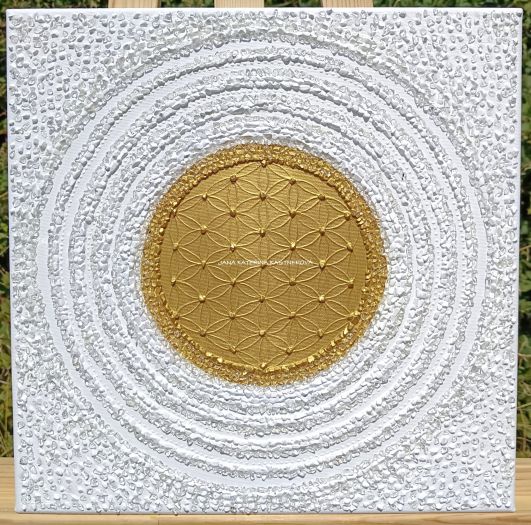 ... ZLATÝ STŘED - symbol KVĚT ŽIVOTA ... - original, plátno 40x40cm, technika akryl s diamantovými křišťály