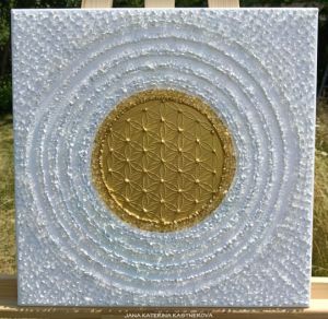... ZLATÝ STŘED - symbol KVĚT ŽIVOTA ... - original, plátno 40x40cm, technika akryl s diamantovými křišťály
