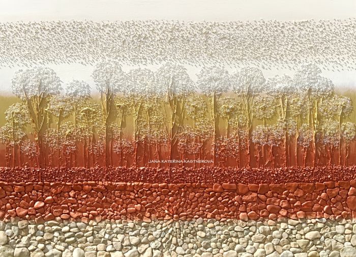 OBRAZ NA PŘÁNÍ pro paní Romanu z Němčic ... MINIMALISTICKÝ INTERIÉROVÝ OBRAZ – MOTIV PŘÍRODY IV. ... original, plátno 150x110cm, akryl s diamantovými a surovými křišťály, pískovými kameny, bylinkammi