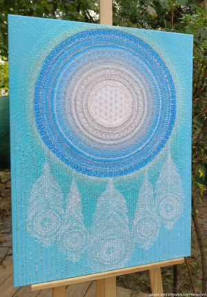 ... LAPAČ SNŮ, PŘÁNÍ A KRÁSNÝCH MYŠLENEK ... - original, plátno 80x60cm, akryl s diamantovými křišťály