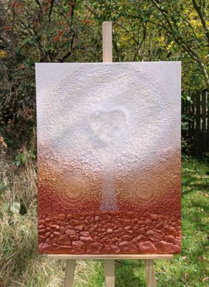... ZEMITÝ MOTIV PŘÍRODY - STROM - VELKÉ KŘIŠŤÁLOVÉ SRDCE ... - original, plátno 80x60cm, akryl s diamantovými křišťály a pískovými kameny