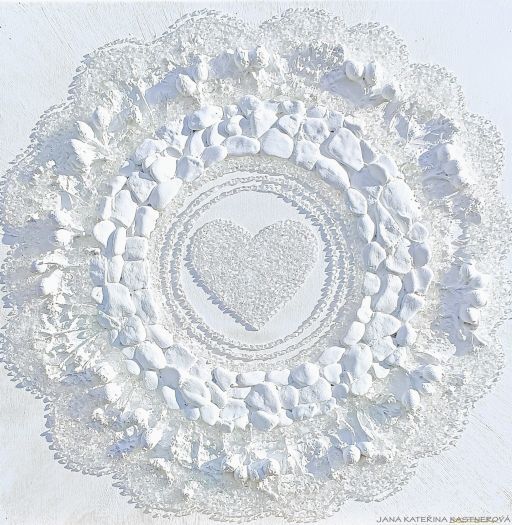 ... MINIMALISTICKÝ MOTIV PŘÍRODY - BÍLÁ (šípek, dobro-mysl) ... - originál, plátno 50x50cm, akryl s diamantovými křišťály