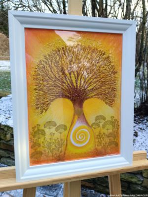 ... PASTELKOVÝ STROM S KŘIŠŤÁLY ... - original, papír 30x40cm v bílém rámu, technika pastelka s diamantovými křišťály