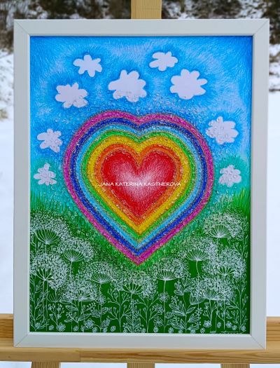 … DUHOVÉ SRDÍČKO S KŘIŠŤÁLY … - original, kresba na papír 30x40cm v bílém rámu, pastelka, diamantové křišťály