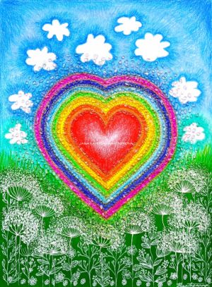 … DUHOVÉ SRDÍČKO S KŘIŠŤÁLY … - original, kresba na papír 30x40cm v bílém rámu, pastelka, diamantové křišťály