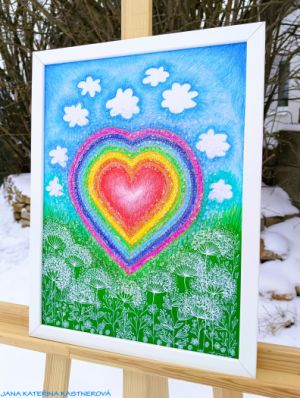 … DUHOVÉ SRDÍČKO S KŘIŠŤÁLY … - original, kresba na papír 30x40cm v bílém rámu, pastelka, diamantové křišťály
