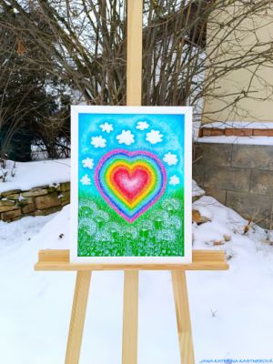 … DUHOVÉ SRDÍČKO S KŘIŠŤÁLY … - original, kresba na papír 30x40cm v bílém rámu, pastelka, diamantové křišťály