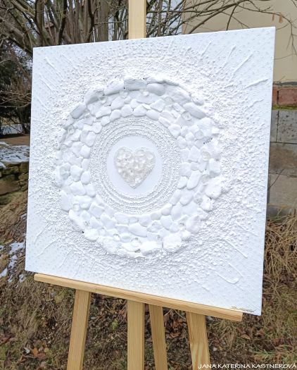 Minimalistický designový obraz: ... MOTIV PŘÍRODY - BÍLÁ ... - original, plátno 60x60cm, akryl s diamantovými křišťály, pískovými kameny, větvičky stromů