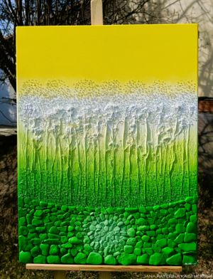 … PROMĚNY – MÍSTO SÍLY V. … - original, plátno 60x80cm, technika akryl s diamantovými křišťály, pískovými kameny a zahradními bylinkami  (dobro-mysl)