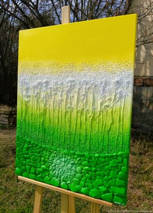 … PROMĚNY – MÍSTO SÍLY V. … - original, plátno 60x80cm, technika akryl s diamantovými křišťály, pískovými kameny a zahradními bylinkami  (dobro-mysl)