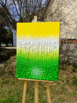 … PROMĚNY – MÍSTO SÍLY V. … - original, plátno 60x80cm, technika akryl s diamantovými křišťály, pískovými kameny a zahradními bylinkami  (dobro-mysl)