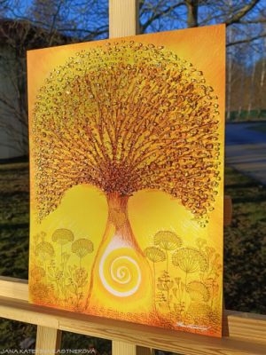 PASTELKOVÝ STROM S KŘIŠŤÁLY  - reprodukce obrazu - tisk na kvalitní grafický papír velikosti 30x40cm, v bílém rámu s vyšším profilem, ručně doplněn diamantovými křišťály