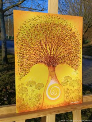 PASTELKOVÝ STROM S KŘIŠŤÁLY  - reprodukce obrazu - tisk na kvalitní grafický papír velikosti 30x40cm, v bílém rámu s vyšším profilem, ručně doplněn diamantovými křišťály