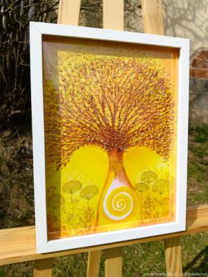 PASTELKOVÝ STROM S KŘIŠŤÁLY  - reprodukce obrazu - tisk na kvalitní grafický papír velikosti 30x40cm, v bílém rámu s vyšším profilem, ručně doplněn diamantovými křišťály