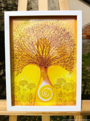 PASTELKOVÝ STROM S KŘIŠŤÁLY  - reprodukce obrazu - tisk na kvalitní grafický papír velikosti 30x40cm, v bílém rámu s vyšším profilem, ručně doplněn diamantovými křišťály