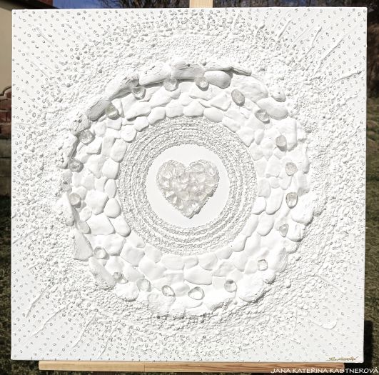 Minimalistický designový obraz: … MOTIV PŘÍRODY – BÍLÁ II. … - original, plátno 60x60cm, akryl s diamantovými křišťály, pískovými kameny, ...