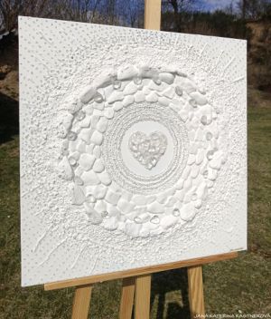 Minimalistický designový obraz: … MOTIV PŘÍRODY – BÍLÁ II. … - original, plátno 60x60cm, akryl s diamantovými křišťály, pískovými kameny, ...