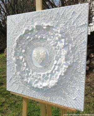 Minimalistický designový obraz: … MOTIV PŘÍRODY – BÍLÁ II. … - original, plátno 60x60cm, akryl s diamantovými křišťály, pískovými kameny, ...