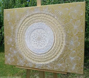 ... ZLATÁ KVĚTINOVÁ MANDALA ... - original, plátno 60x80cm, akryl s diamantovými křišťály