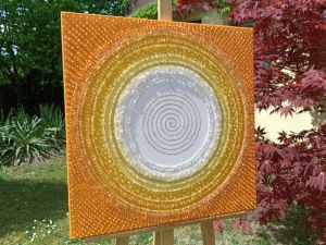 ... ORANŽOVÁ MANDALA SE ZLATOU SPIRÁLOU ... (OBRAZ NA PŘÁNÍ pro paní Jolanku z Brna) - original, plátno 60x60cm, akryl s diamantovými křišťály
