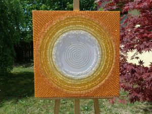 ... ORANŽOVÁ MANDALA SE ZLATOU SPIRÁLOU ... (OBRAZ NA PŘÁNÍ pro paní Jolanku z Brna) - original, plátno 60x60cm, akryl s diamantovými křišťály