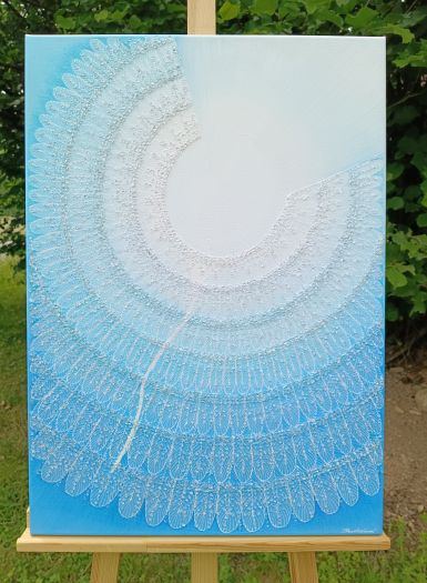 OBRAZ NA PŘÁNÍ pro paní Pavlínku Svitavy … ANDĚL UVOLNĚNÍ, KLIDU, MÍRU, ZTIŠENÍ A PŘIJETÍ II. …- original, malba/ kresba na plátno 50x70cm, akryl s diamantovými křišťály