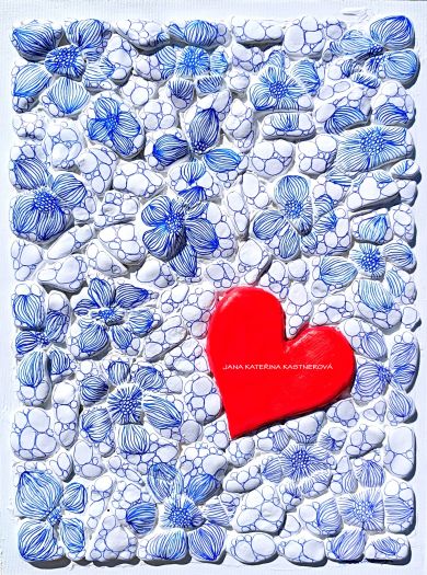… OBRAZ PRO TEBE – KVĚTINOVĚ SRDEČNÝ … original, sololit 30x40cm v bílém rámu, akryl s pískovými kameny