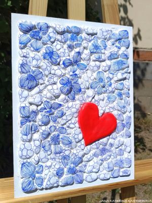 … OBRAZ PRO TEBE – KVĚTINOVĚ SRDEČNÝ … original, sololit 30x40cm v bílém rámu, akryl s pískovými kameny