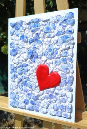 … OBRAZ PRO TEBE – KVĚTINOVĚ SRDEČNÝ … original, sololit 30x40cm v bílém rámu, akryl s pískovými kameny