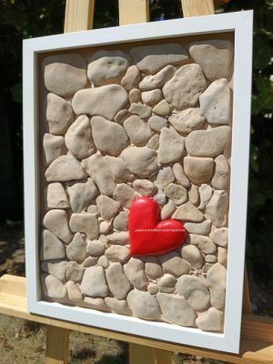 … OBRAZ PRO TEBE – SRDEČNÝ … original, sololit 30x40cm v bílém rámu, akryl s pískovými kameny