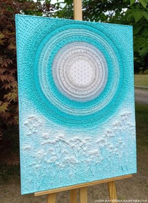 ... TYRKYSOVÁ KRAJINA ... - original, plátno 80x60cm, akryl s diamantovými křišťály, zahradními bylinkami (dobro-mysl)