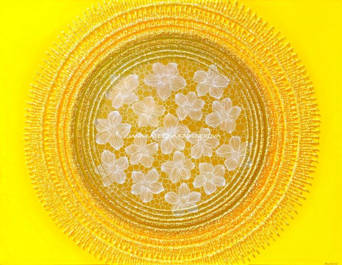 … SLUNCE – KRÁSNÝ ŽIVOT JE TVÝM POSLÁNÍM II. … - original, plátno 130x100cm, akryl s diamantovými křišťály