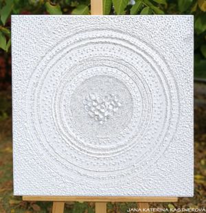 … KŘIŠŤÁLOVÉ SRDCE – BÍLÁ … - original, plátno 60x60cm, technika akryl s diamantovými křišťály různých velikostí