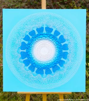 … MOTIV PŘÍRODY – MODRÁ III. … - originál, plátno 80x80cm, akryl s diamantovými křišťály a pískovými kameny