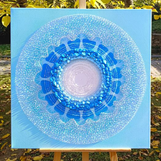 ... MOTIV PŘÍRODY - MODRÁ II. ... - original, plátno 80x80cm, akryl s diamantovými křišťály a pískovými kameny